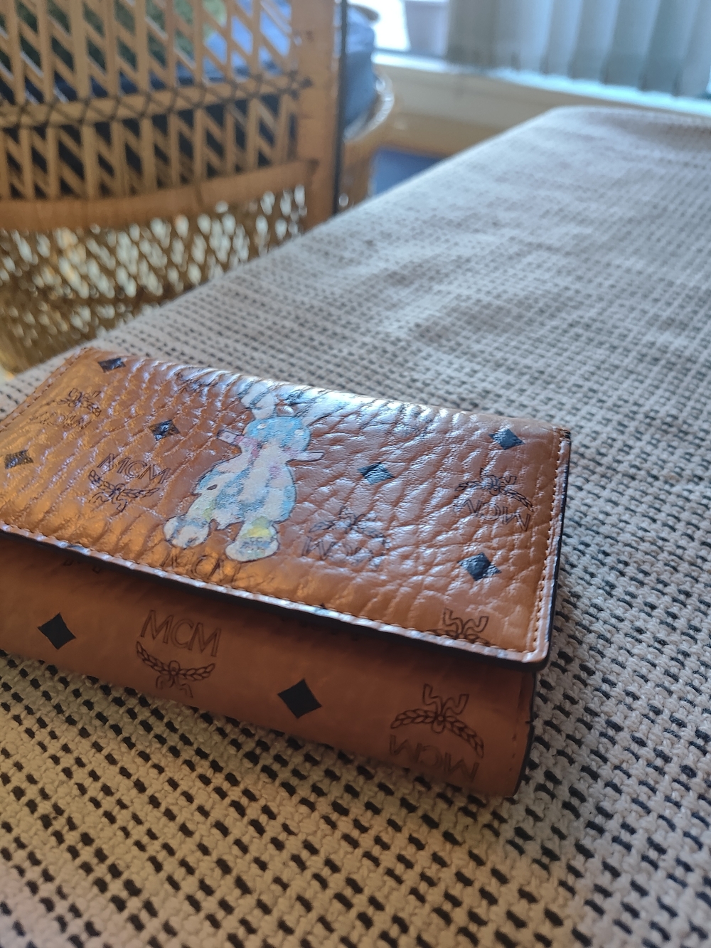 MCM Cognac Brown Leather Trifold Wallet with Character Motif